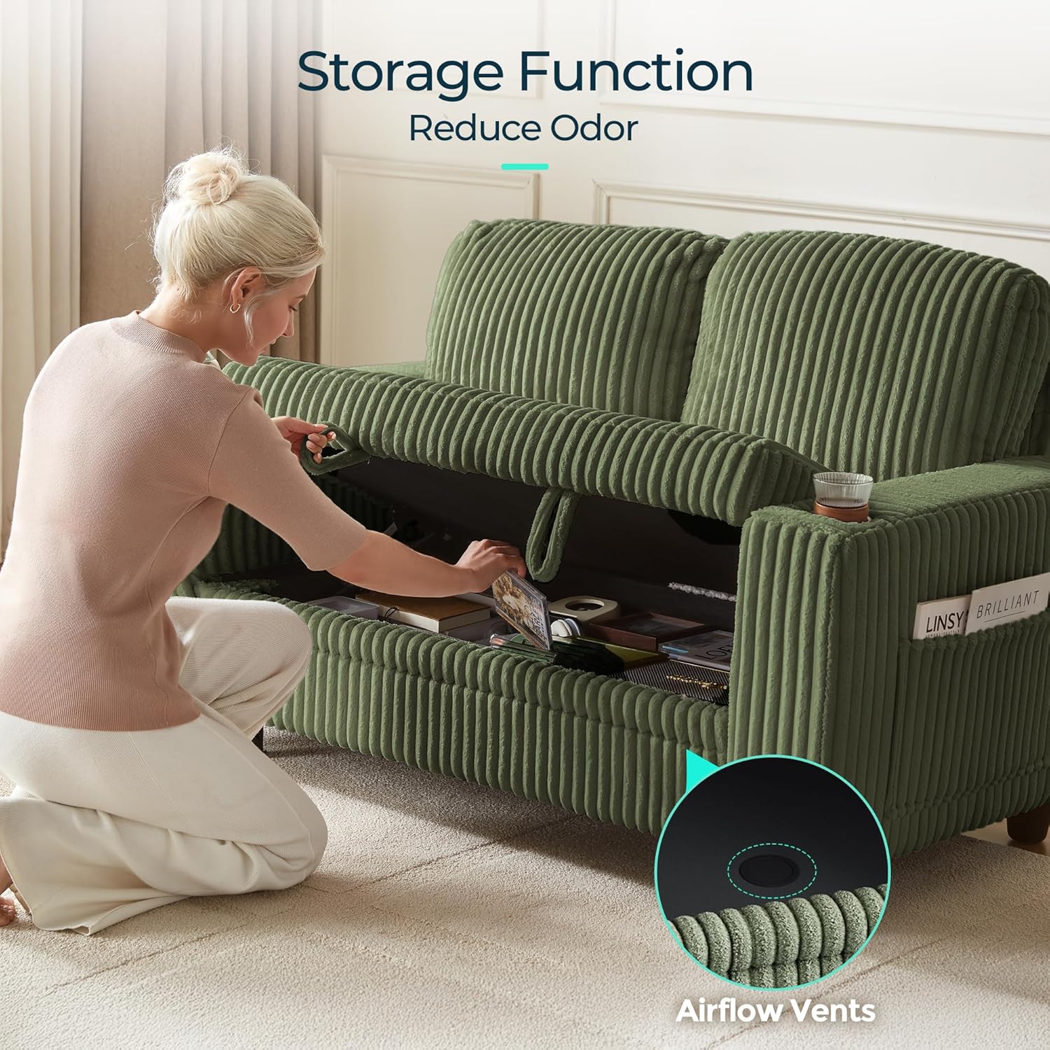 LINSY HOME Loveseat Sofa with Storage, Plush Corduroy Love Seat Couch Sectional Couches for Small Space Living Room Apartment Bedroom (Green)