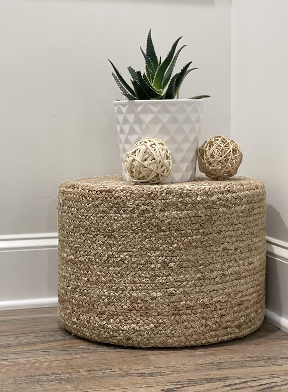 S & L Homes Pouf Ottoman - 100% Jute Braided Footrest Pouf Hand Knitted Traditional Cord Boho Pouffe for Living Room, Bedroom, Nursery, Patio, Lounge Colorblock - Natural Ivory (18”x18”x12”)