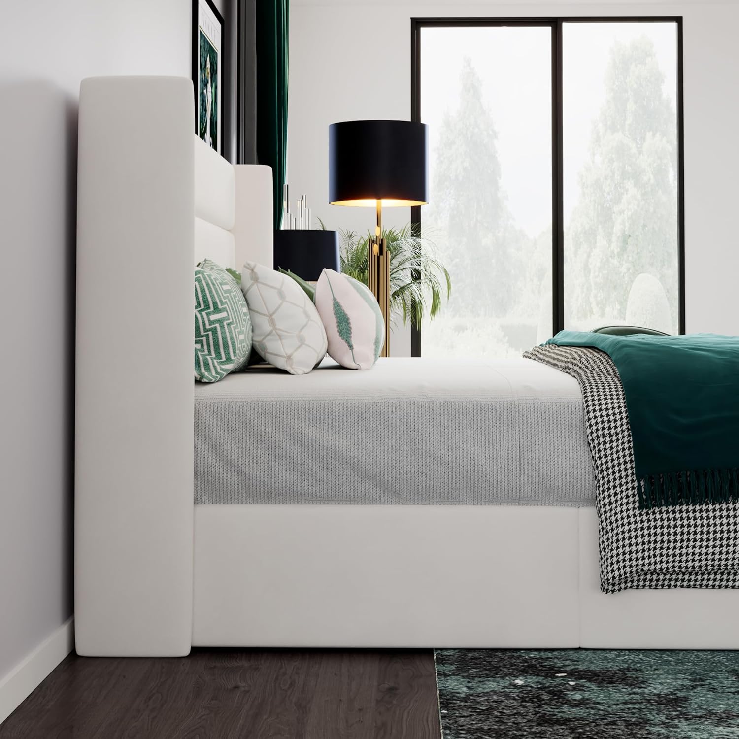 SHA CERLIN King Size Lift Up Storage Bed/Velvet Upholstered/Modern Wingback Headboard/Upholstered Platform Bed Frame/Hydraulic Storage/No Box Spring Needed/White