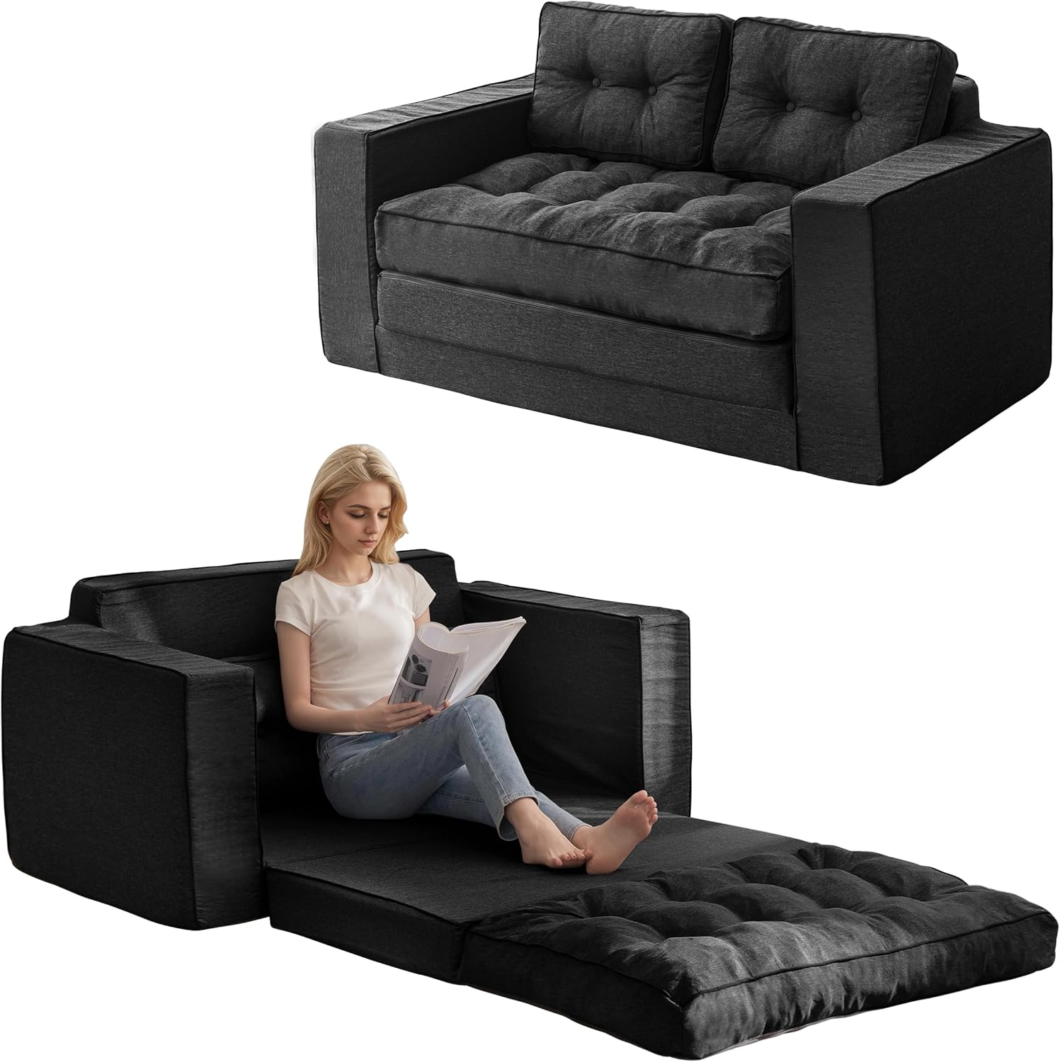 YOSHOOT Loveseat Sleeper Sofa,55" Convertible Sofa Bed Couch Futon Couches for Living Room,3-in-1 Pull Out Floor Couch with Backrest and Pillows