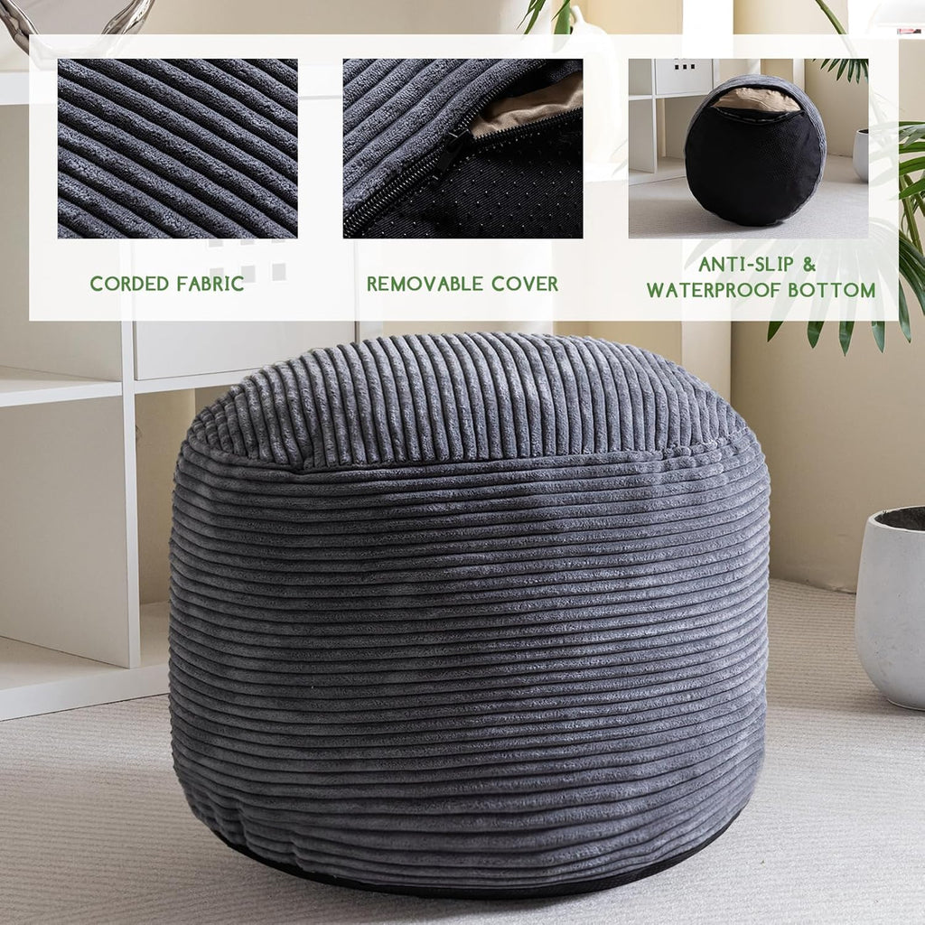 HIGOGOGO Round Stuffed Pouf Ottoman, Corduroy Poufs with Foam Chunk Filling, Furry and Fluffy Pouf Foot Stool Storage Ottoman, 26 X 18 Floor Poufs Foot Rest for Living Room, Dark Grey