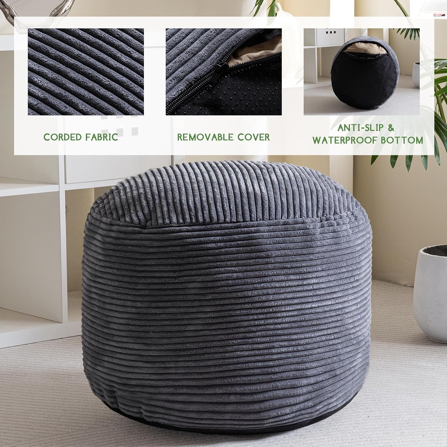 HIGOGOGO Round Stuffed Pouf Ottoman, Corduroy Poufs with Foam Chunk Filling, Furry and Fluffy Pouf Foot Stool Storage Ottoman, 26 X 18 Floor Poufs Foot Rest for Living Room, Dark Grey