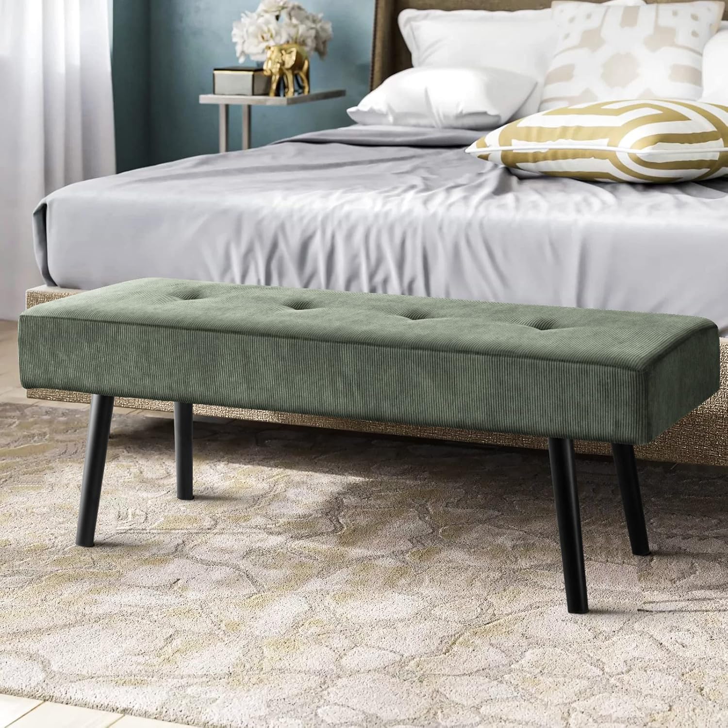 Entryway Bench - Green Bench for Bedroom, Modern Ottoman End of Bed, Corduroy Padded Benches for Living Room, Foyer, Mudroom, Hallway - 39" L x 14" W x 17" H