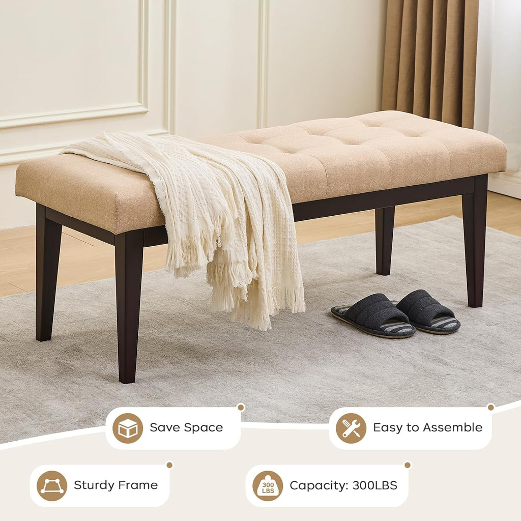 End of Bed Bench, 47.2" Linen Button-Tufted Upholstered Rubberwood Bench for Bedroom with Padded Cushion, Modern Shoe Bench Bedroom Bench for Living Room Entryway Dining Room Hallway, 300 LB, Beige
