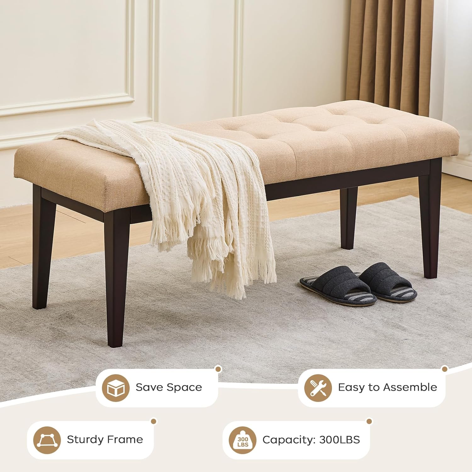 End of Bed Bench, 47.2" Linen Button-Tufted Upholstered Rubberwood Bench for Bedroom with Padded Cushion, Modern Shoe Bench Bedroom Bench for Living Room Entryway Dining Room Hallway, 300 LB, Beige