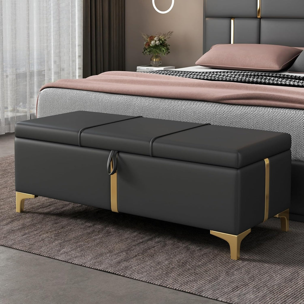 Elegant Black Upholstered Storage Ottoman Bench with Metal Legs, Fully Assembled PU Leather Seat for Living Room & Bedroom Organization