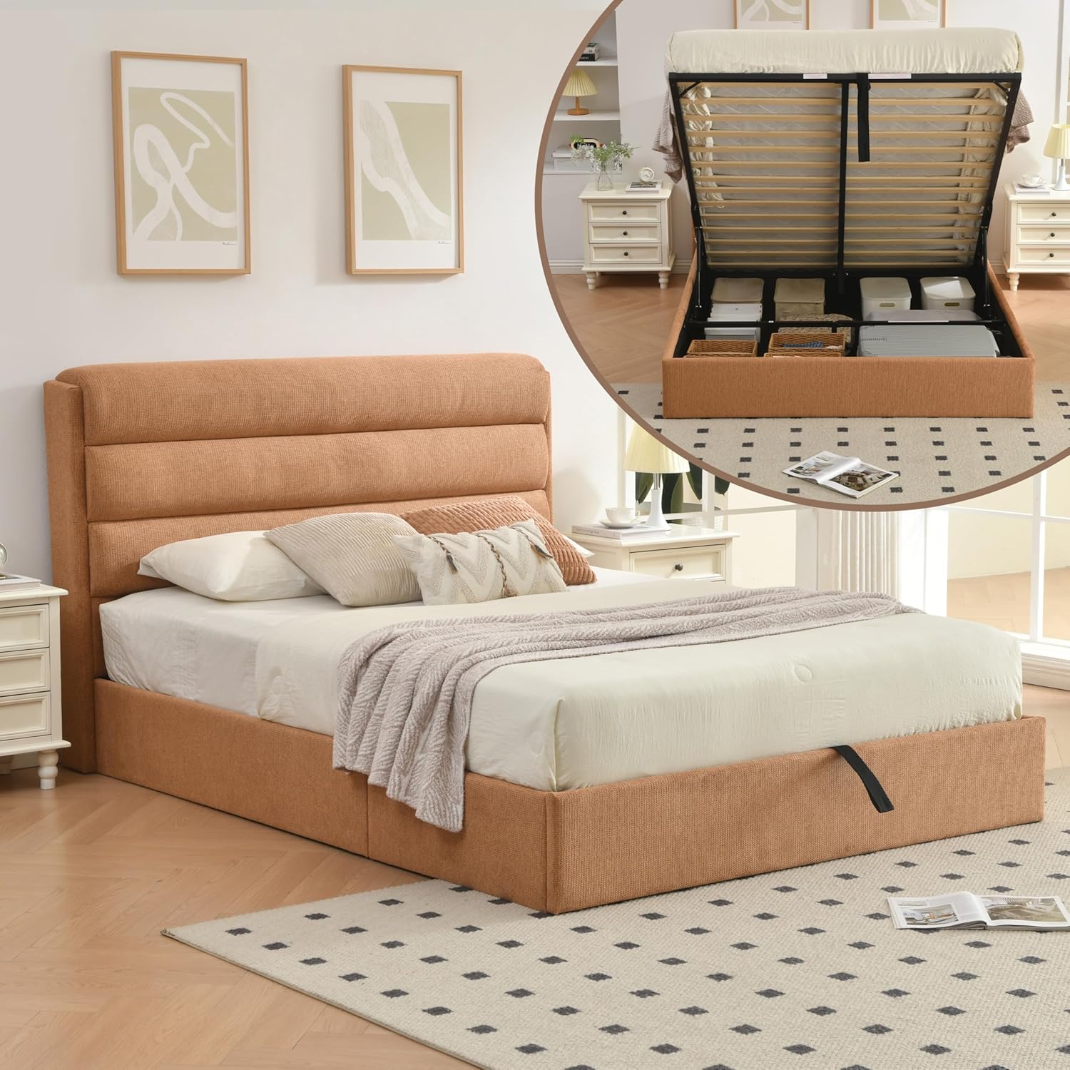 Lift Up Storage Bed Queen Size, Upholstered Platform Bed with Hydraulic System & Wood Slats Support, Queen Bed Frame with 3-Panel Headboard, No Box Spring Needed, Easy Assembly, Green