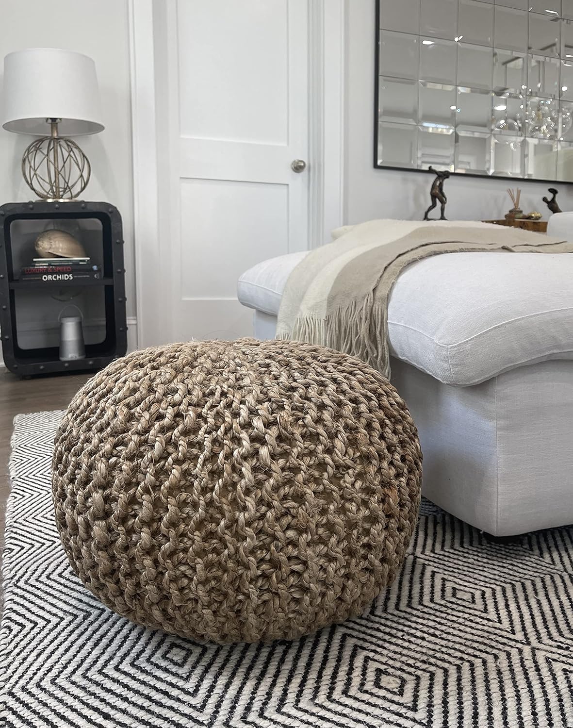 S & L Homes Pouf Ottoman - 100% Jute Braided Footrest Pouf Hand Knitted Traditional Cord Boho Pouffe for Living Room, Bedroom, Nursery, Patio, Lounge Colorblock - Natural Ivory (18”x18”x12”)