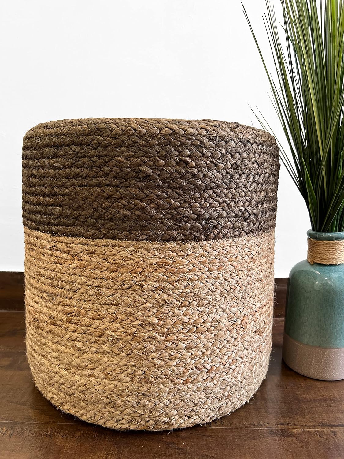 S & L Homes Pouf Ottoman - 100% Jute Braided Footrest Pouf Hand Knitted Traditional Cord Boho Pouffe for Living Room, Bedroom, Nursery, Patio, Lounge Colorblock - Natural Ivory (18”x18”x12”)