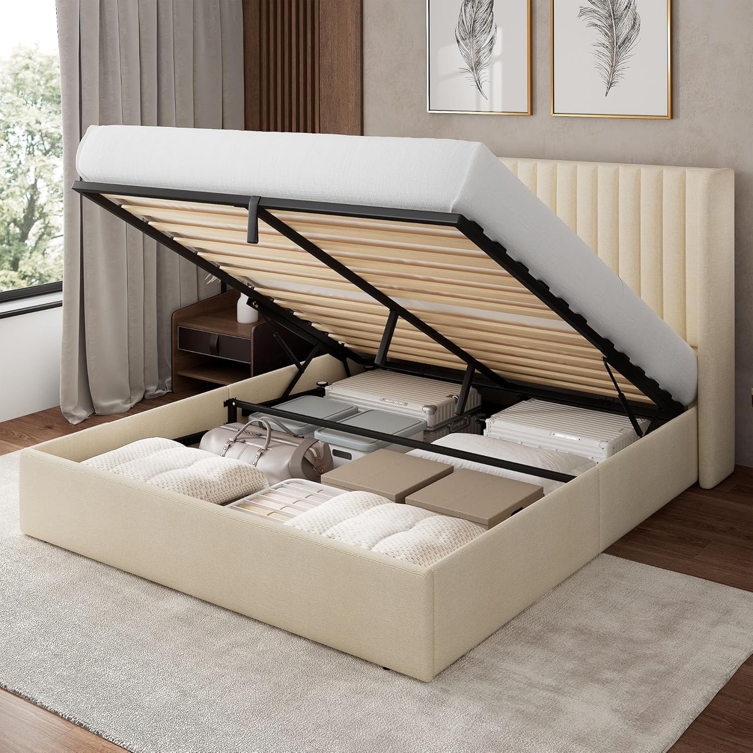 Feonase Queen Size Lift Up Storage Bed Frame, Linen Upholstered Platform Bed with Wingback Headboard, Hydraulic Storage, No Box Spring Needed, Black