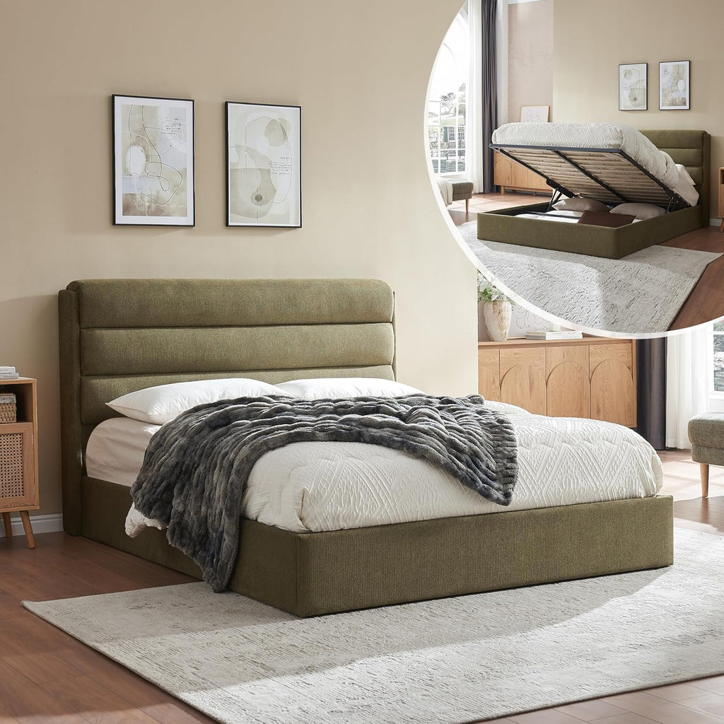 Lift Up Storage Bed Queen Size, Upholstered Platform Bed with Hydraulic System & Wood Slats Support, Queen Bed Frame with 3-Panel Headboard, No Box Spring Needed, Easy Assembly, Green
