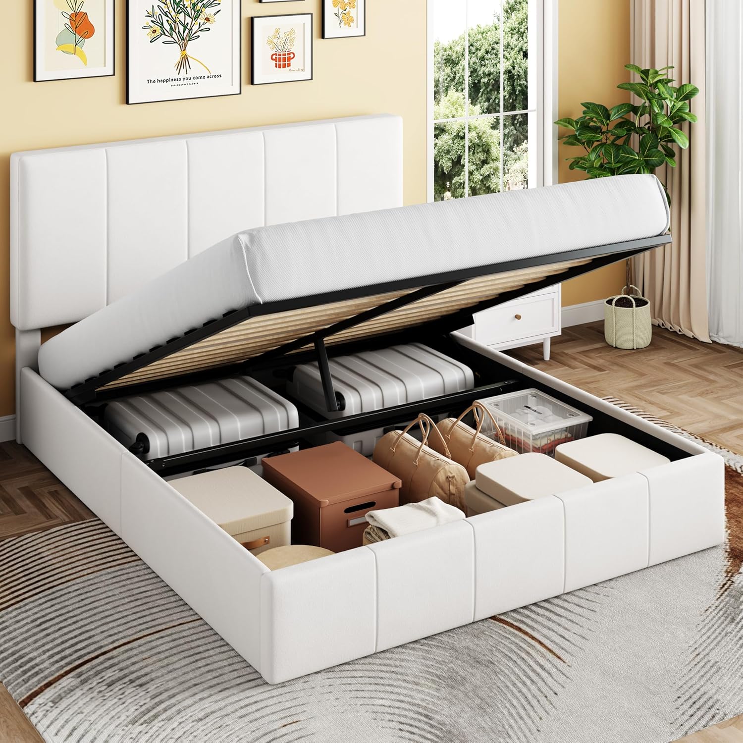 SHA CERLIN King Size Lift Up Storage Bed Frame, Adjustable Headboard, Hydraulic Support, Velvet Upholstered, Easy Installation, No Box Spring Needed, White