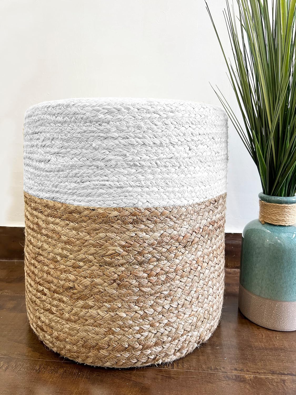 S & L Homes Pouf Ottoman - 100% Jute Braided Footrest Pouf Hand Knitted Traditional Cord Boho Pouffe for Living Room, Bedroom, Nursery, Patio, Lounge Colorblock - Natural Ivory (18”x18”x12”)