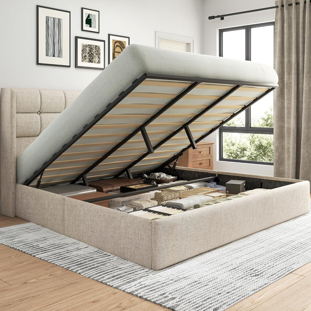 Lifezone King Size Lift Up Storage Bed Frame, Linen Upholstered King Platform with Button Tufted Wingback Headboard and Under-Bed Storage, Hydraulic Support, No Box Spring Needed, Noise Free, Beige