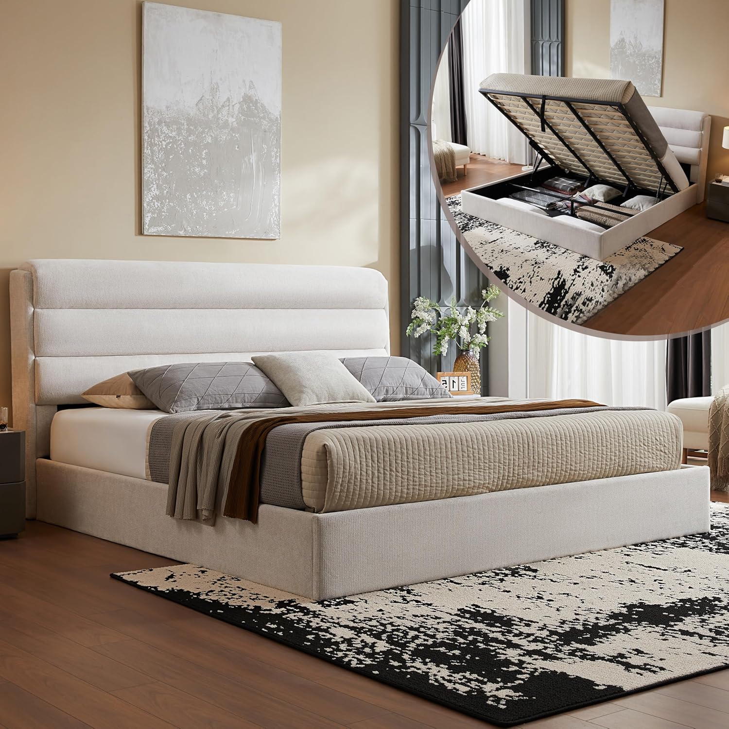 Lift Up Storage Bed Queen Size, Upholstered Platform Bed with Hydraulic System & Wood Slats Support, Queen Bed Frame with 3-Panel Headboard, No Box Spring Needed, Easy Assembly, Green