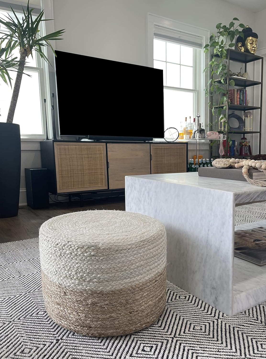 S & L Homes Pouf Ottoman - 100% Jute Braided Footrest Pouf Hand Knitted Traditional Cord Boho Pouffe for Living Room, Bedroom, Nursery, Patio, Lounge Colorblock - Natural Ivory (18”x18”x12”)