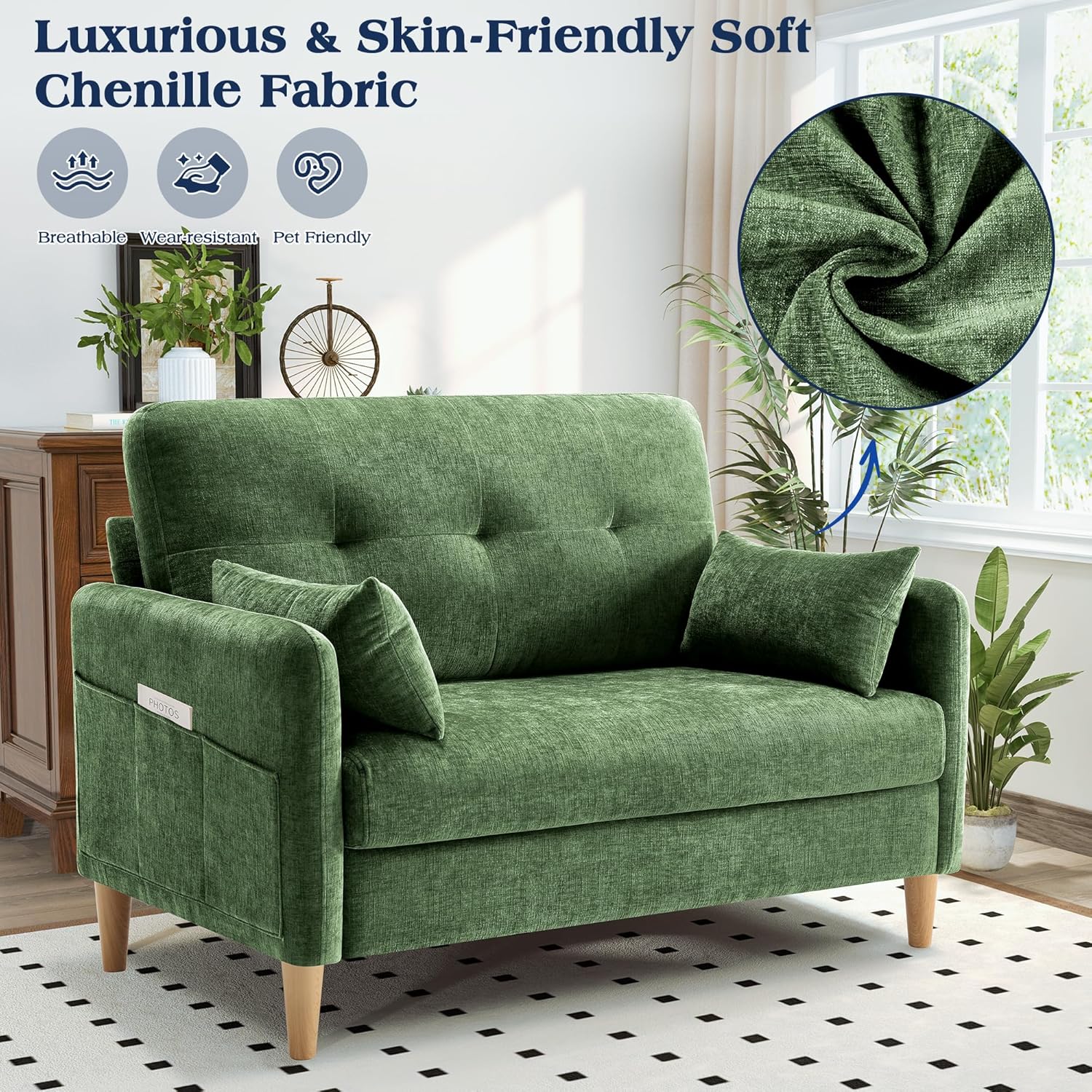 Hanherry Loveseat Sofa, 47” Small Couch for Living Room, Comfy Chenille Fabric Love Seat for Bedroom with Throw Pillow,Removable Cushion Cover,Couches for Small Space,Apartment,Dorm