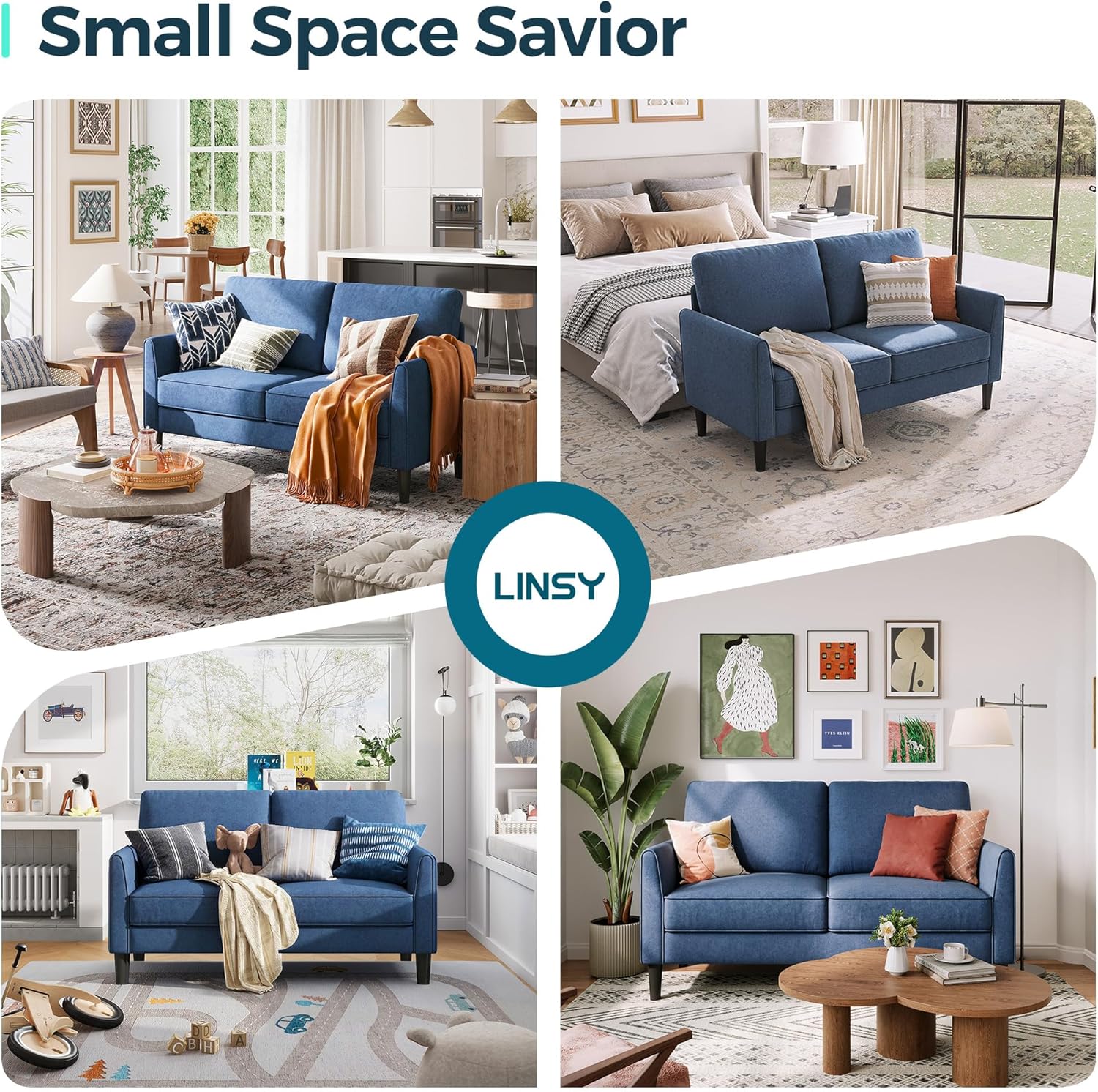 LINSY Loveseat Sofa Couch - Comfy 58" Small Loveseat for Small Spaces Modern Couches with Thick Cushion, Ergonomic Design Soft Sofa for Living Room Bedroom Apartment (Blue)