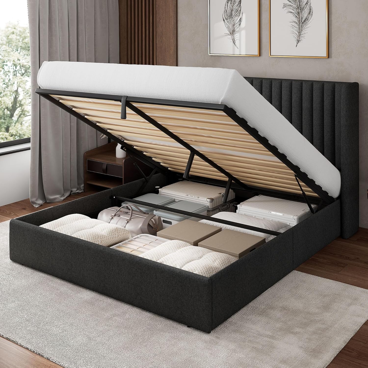 Feonase Queen Size Lift Up Storage Bed Frame, Linen Upholstered Platform Bed with Wingback Headboard, Hydraulic Storage, No Box Spring Needed, Black