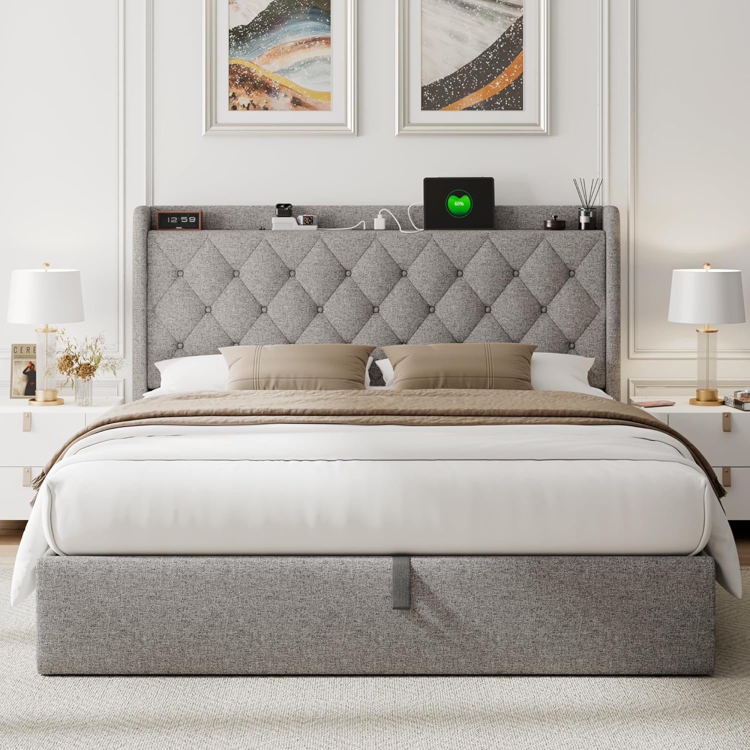 Feonase Full Size Bed Frame with Storage & Charging Station - Hydraulic Lift Up Platform Bed, Upholstered Button Tufted Headboard, Sturdy Wooden Slats, Noise-Free, No Box Spring Needed, Light Gray