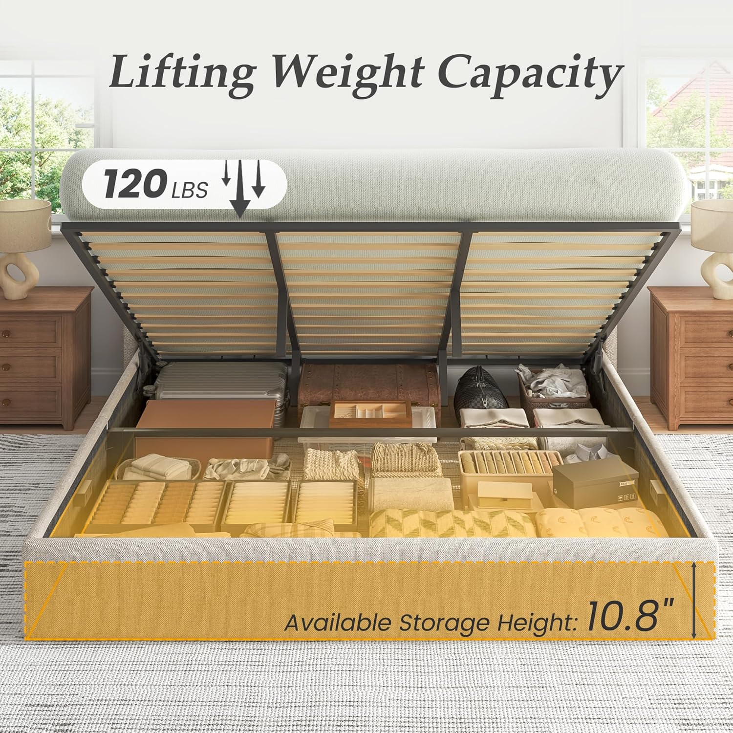 Lifezone King Size Lift Up Storage Bed Frame, Linen Upholstered King Platform with Button Tufted Wingback Headboard and Under-Bed Storage, Hydraulic Support, No Box Spring Needed, Noise Free, Beige