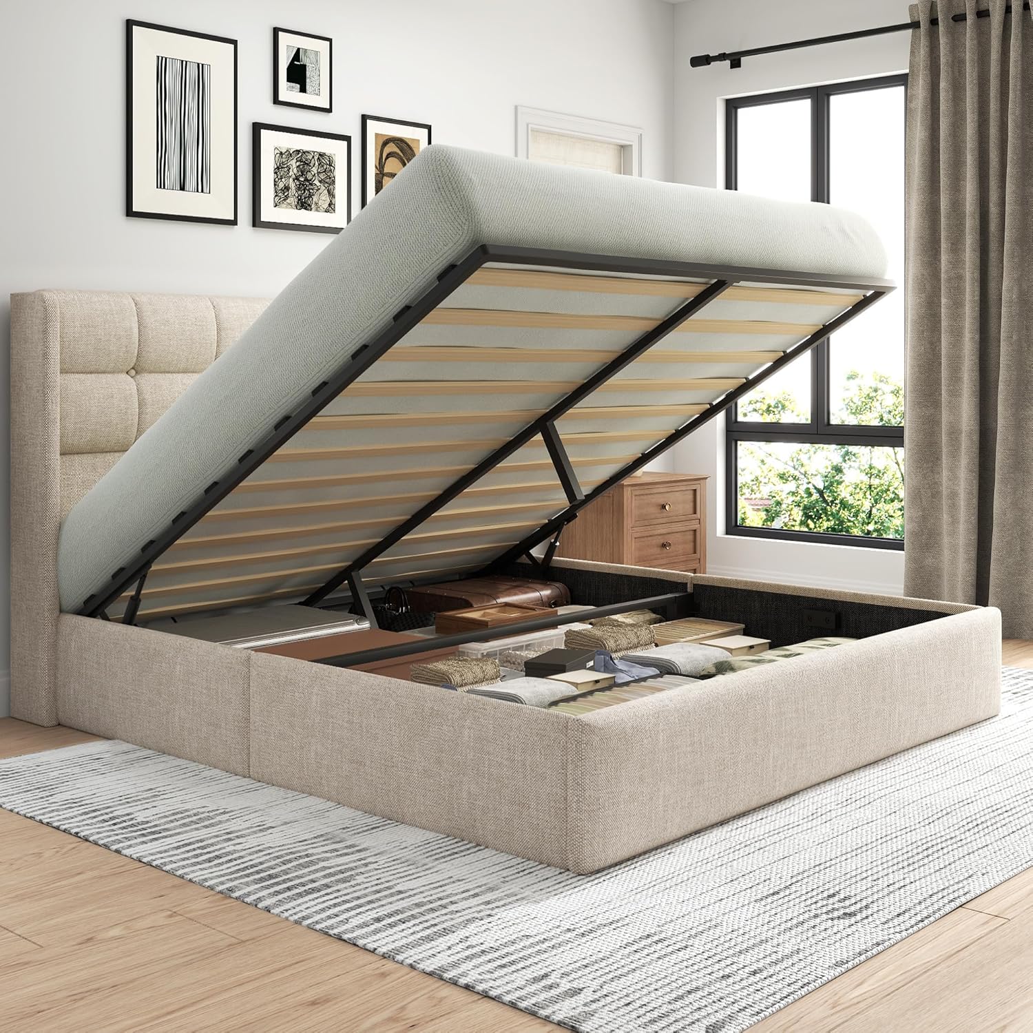 Lifezone King Size Lift Up Storage Bed Frame, Linen Upholstered King Platform with Button Tufted Wingback Headboard and Under-Bed Storage, Hydraulic Support, No Box Spring Needed, Noise Free, Beige