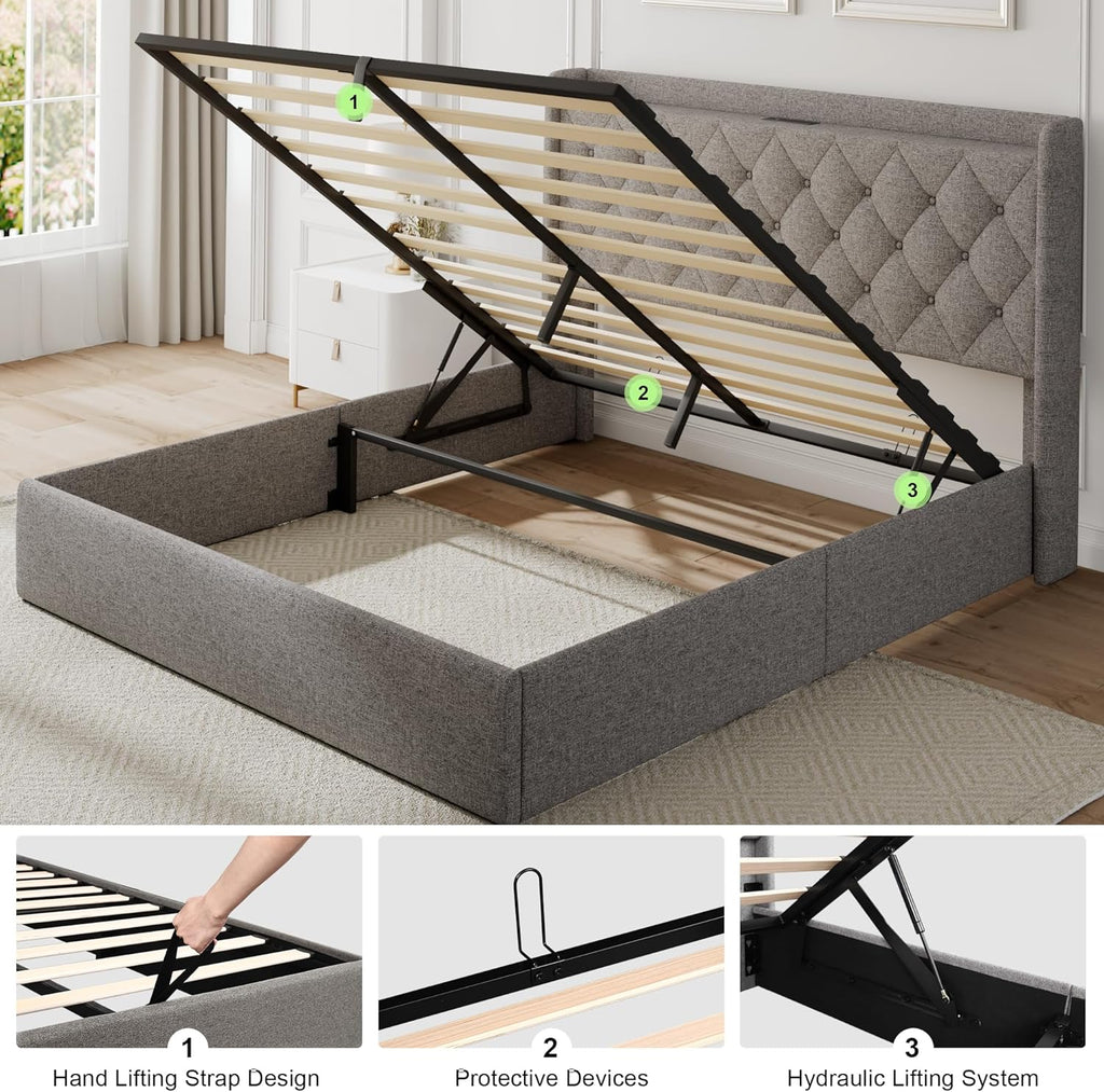 Feonase Full Size Bed Frame with Storage & Charging Station - Hydraulic Lift Up Platform Bed, Upholstered Button Tufted Headboard, Sturdy Wooden Slats, Noise-Free, No Box Spring Needed, Light Gray