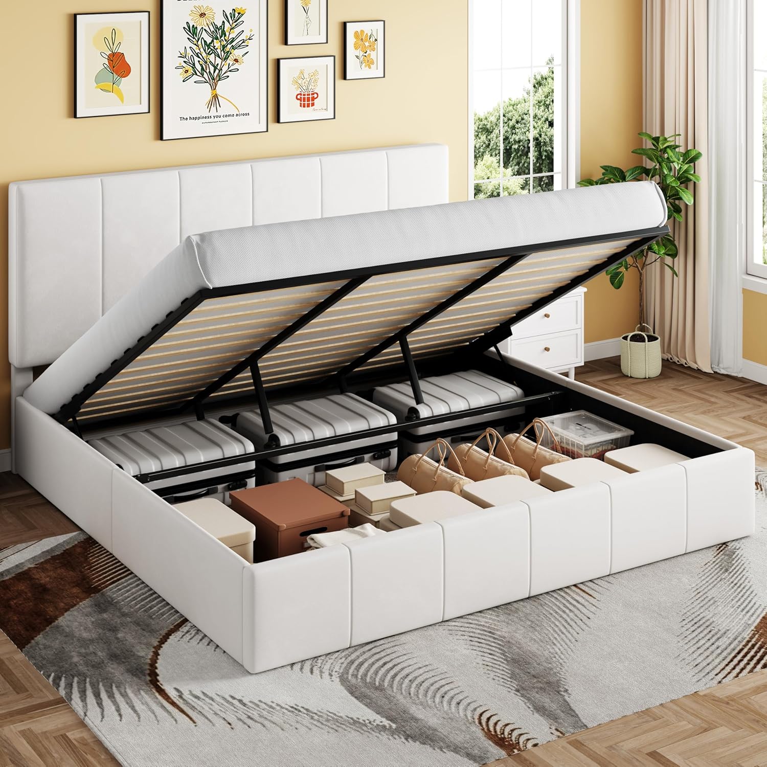 SHA CERLIN King Size Lift Up Storage Bed Frame, Adjustable Headboard, Hydraulic Support, Velvet Upholstered, Easy Installation, No Box Spring Needed, White