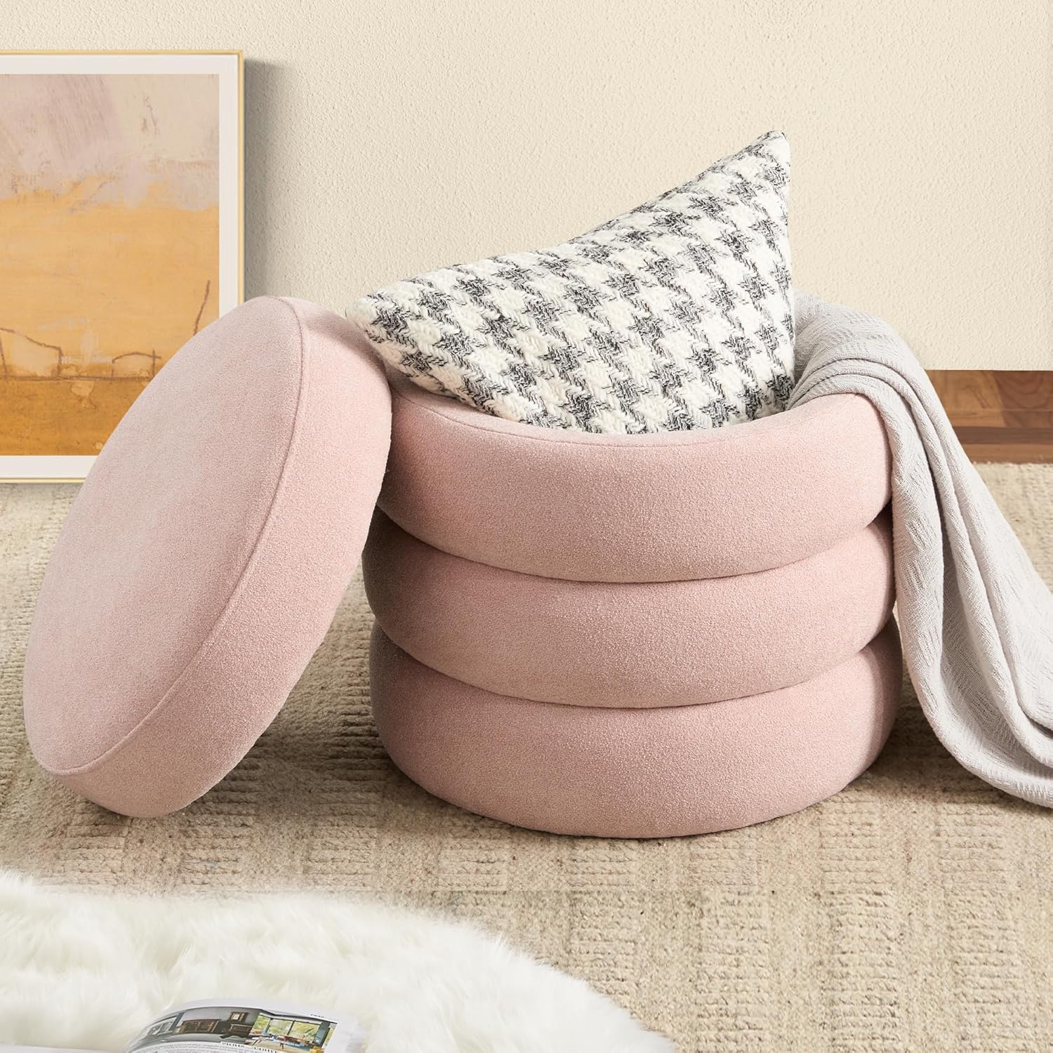 Storage Ottoman Bench 49.2 Inch Upholstered Fabric Storage Bench for Bedroom End of Bed Aesthetic Large Oval Ottoman for Living Room Entryway (Ivory)