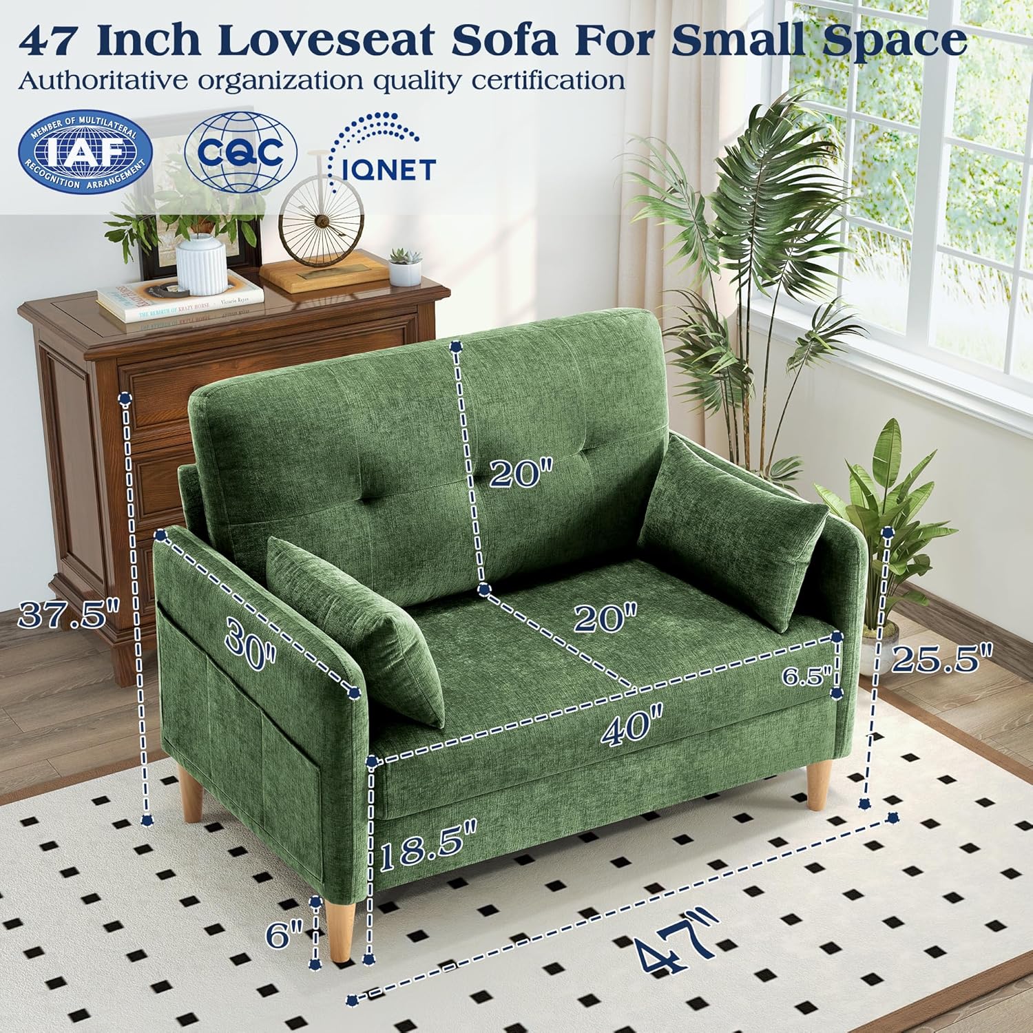 Hanherry Loveseat Sofa, 47” Small Couch for Living Room, Comfy Chenille Fabric Love Seat for Bedroom with Throw Pillow,Removable Cushion Cover,Couches for Small Space,Apartment,Dorm