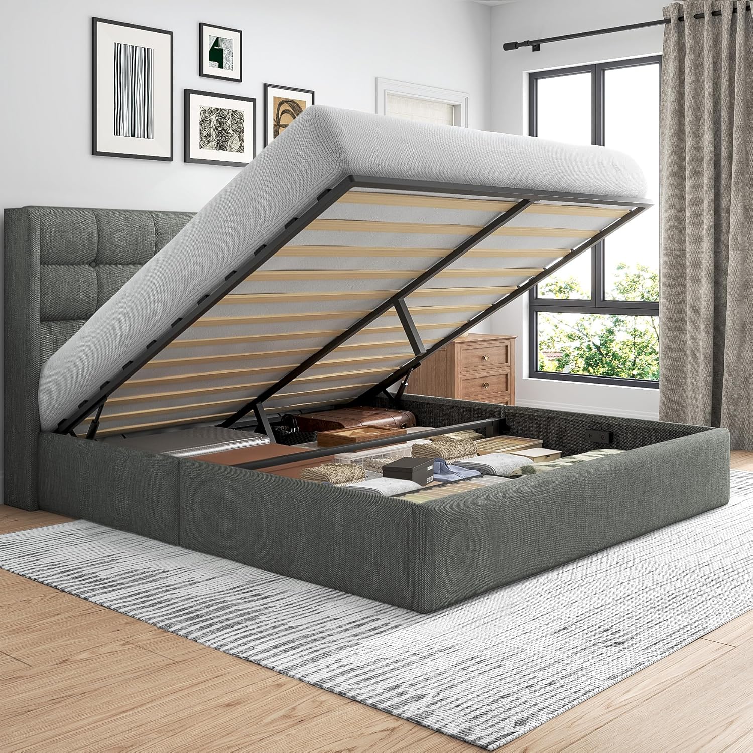 Lifezone King Size Lift Up Storage Bed Frame, Linen Upholstered King Platform with Button Tufted Wingback Headboard and Under-Bed Storage, Hydraulic Support, No Box Spring Needed, Noise Free, Beige