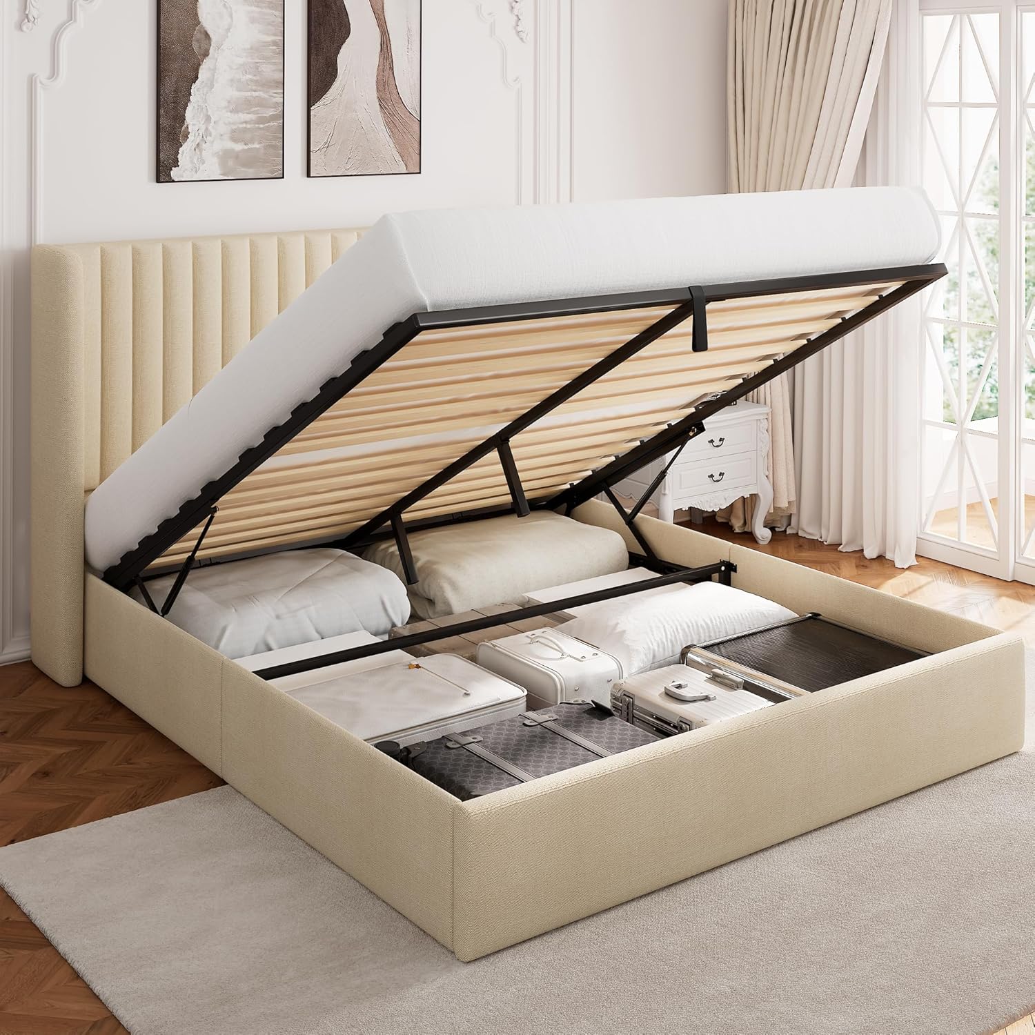 Queen Size Lift Up Storage Bed, Upholstered Velvet Platform Bed Frame with Wingback Headboard, Hydraulic System, Solid Wooden Slats Support, Easy Assembly, No Box Spring Needed, White