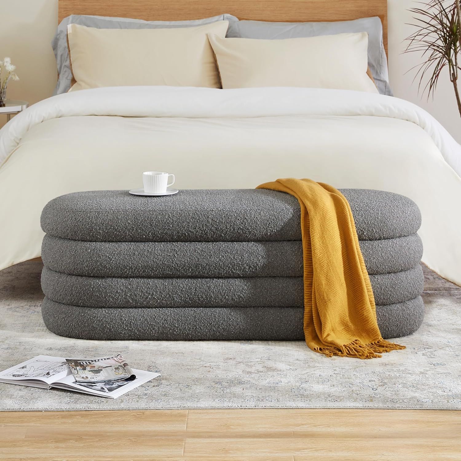 Storage Ottoman Bench 49.2 Inch Upholstered Fabric Storage Bench for Bedroom End of Bed Aesthetic Large Oval Ottoman for Living Room Entryway (Ivory)