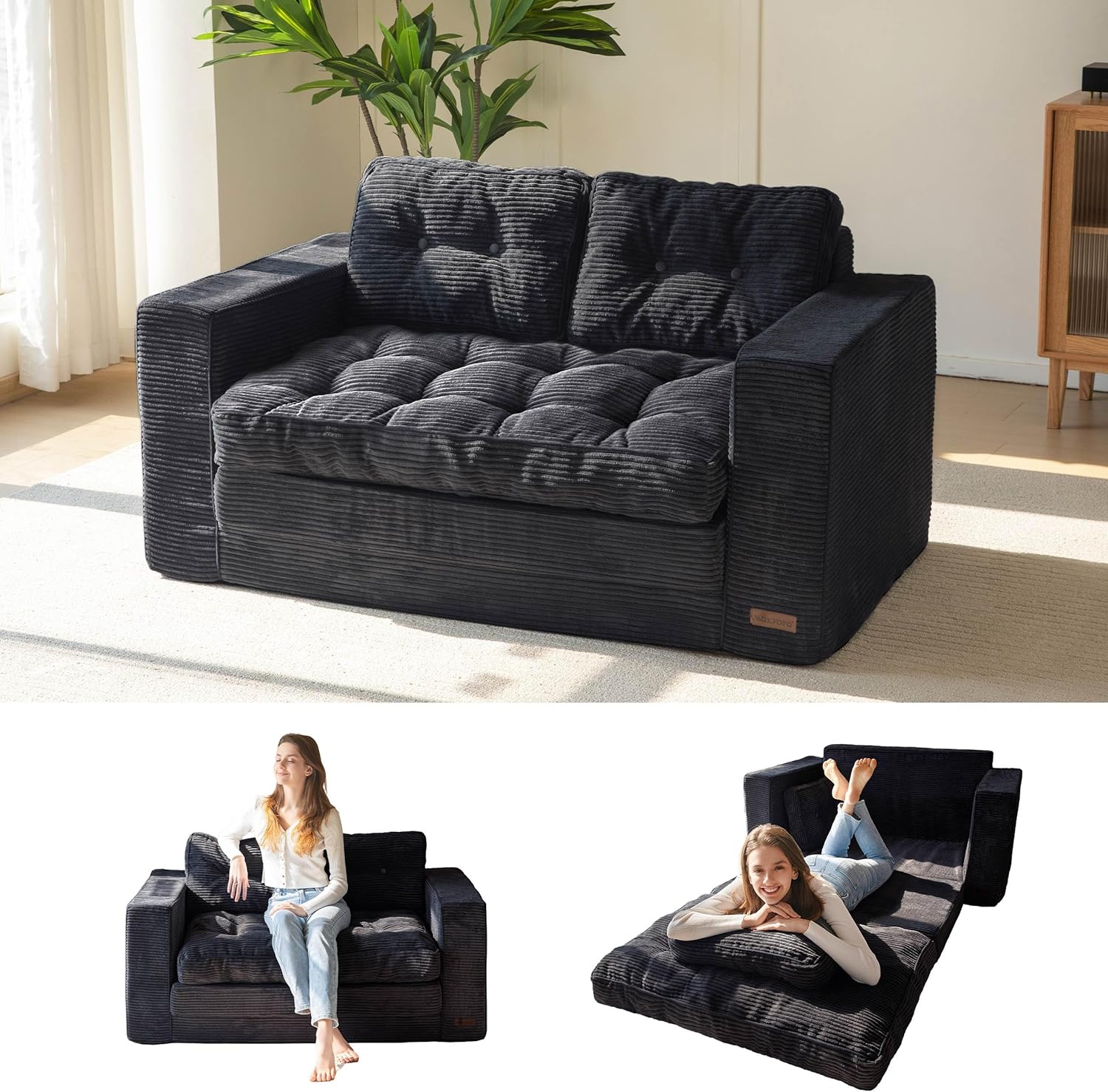 MAXYOYO Convertible Sofa Bed, Pull Out Loveseat Sleeper Sofa, 2 in 1 Folding Couch Bed, Fold Out Floor Couch with Pillows for Living Room Bedroom Lounge, Dark Grey