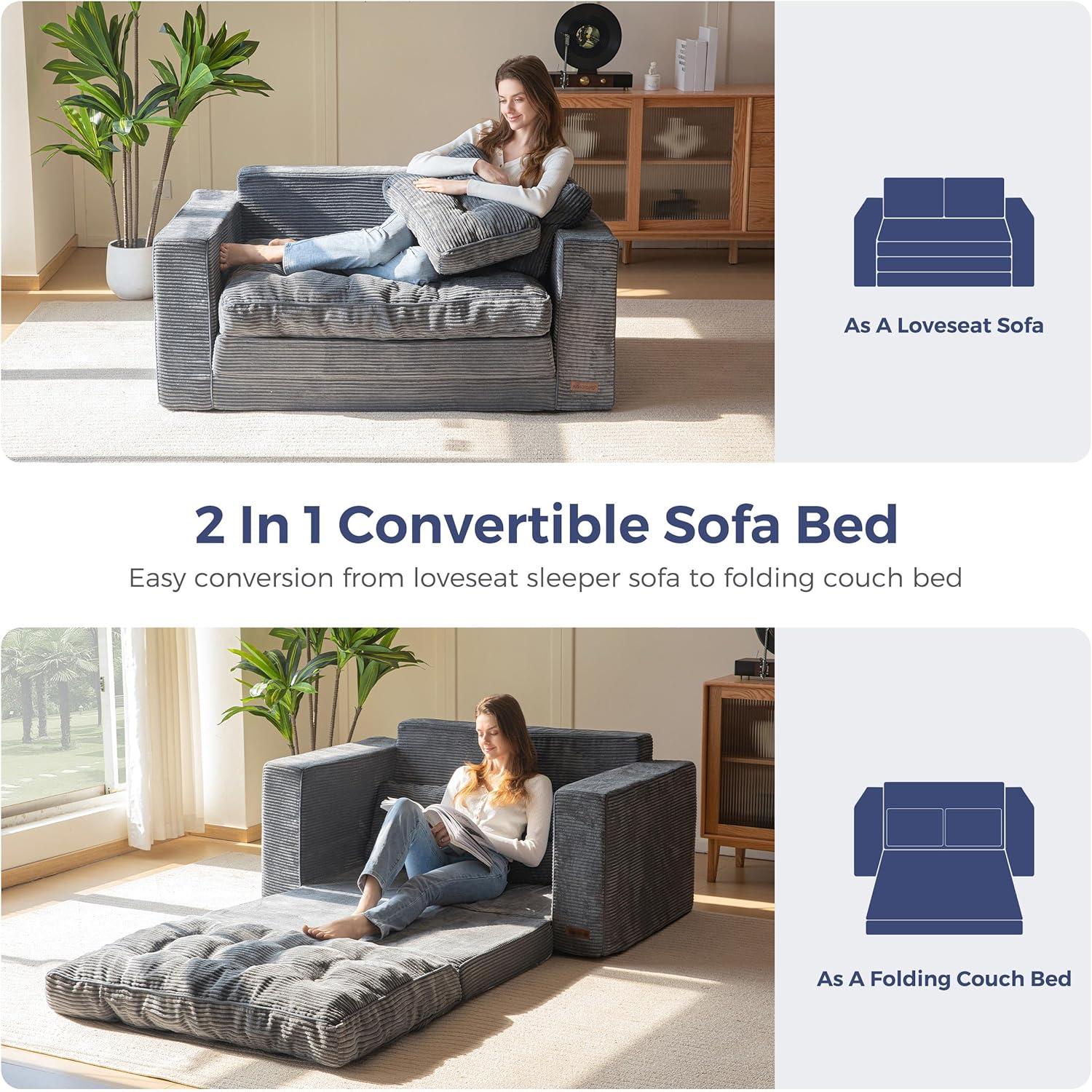 MAXYOYO Convertible Sofa Bed, Pull Out Loveseat Sleeper Sofa, 2 in 1 Folding Couch Bed, Fold Out Floor Couch with Pillows for Living Room Bedroom Lounge, Dark Grey