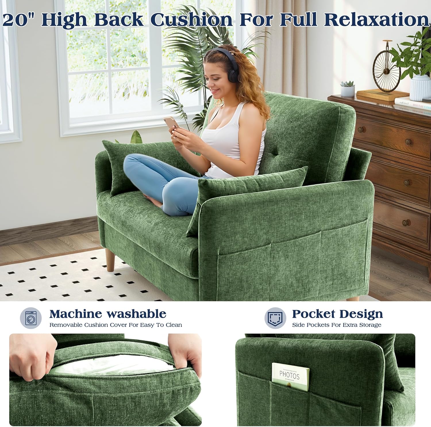 Hanherry Loveseat Sofa, 47” Small Couch for Living Room, Comfy Chenille Fabric Love Seat for Bedroom with Throw Pillow,Removable Cushion Cover,Couches for Small Space,Apartment,Dorm