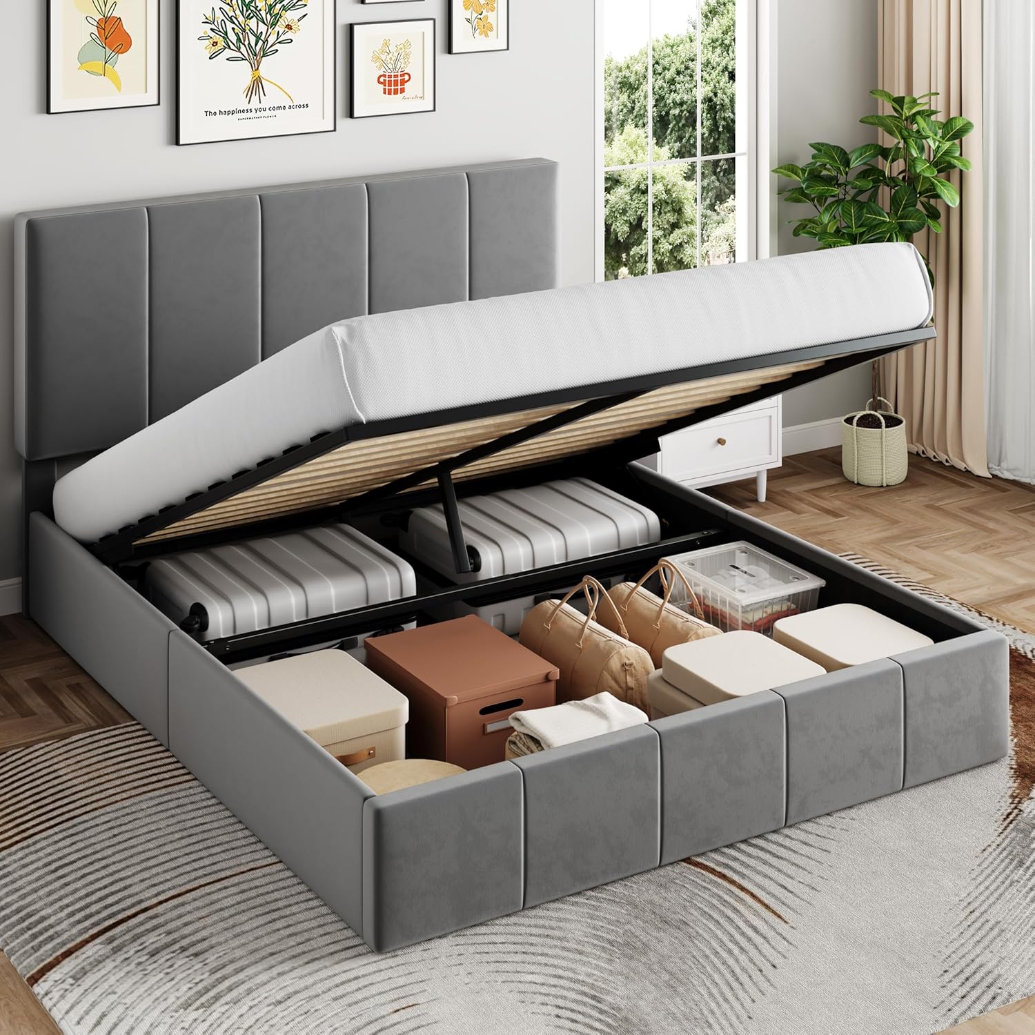 SHA CERLIN King Size Lift Up Storage Bed Frame, Adjustable Headboard, Hydraulic Support, Velvet Upholstered, Easy Installation, No Box Spring Needed, White