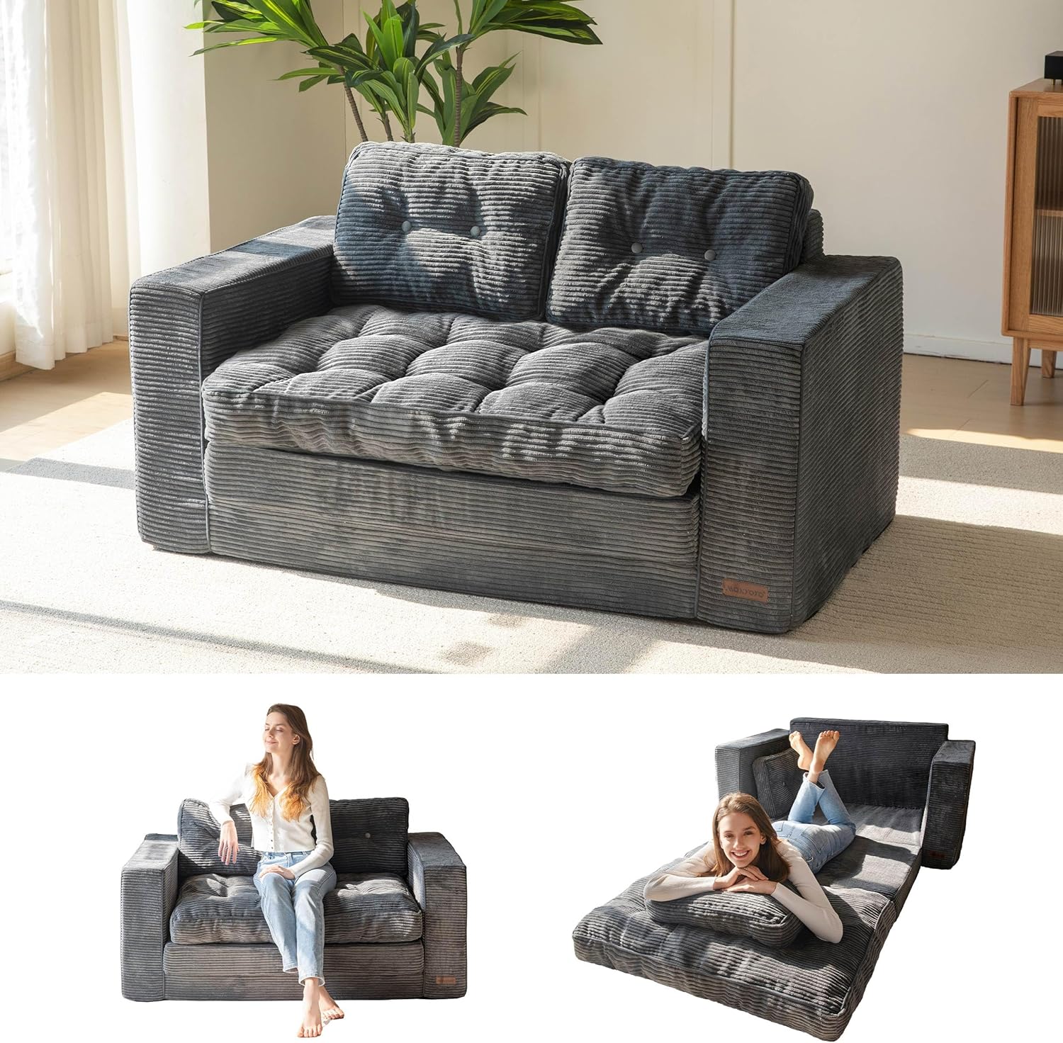 MAXYOYO Convertible Sofa Bed, Pull Out Loveseat Sleeper Sofa, 2 in 1 Folding Couch Bed, Fold Out Floor Couch with Pillows for Living Room Bedroom Lounge, Dark Grey