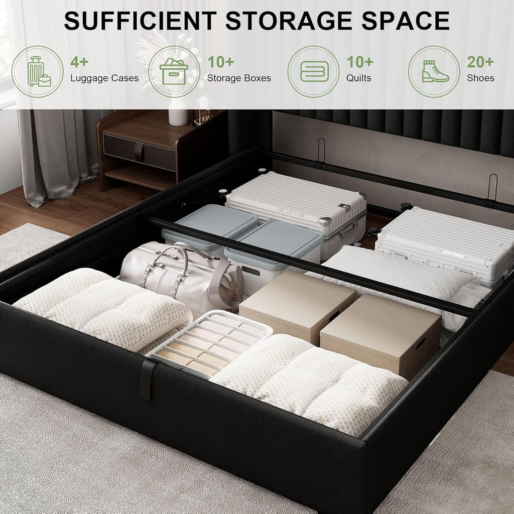 Feonase Queen Size Lift Up Storage Bed Frame, Linen Upholstered Platform Bed with Wingback Headboard, Hydraulic Storage, No Box Spring Needed, Black