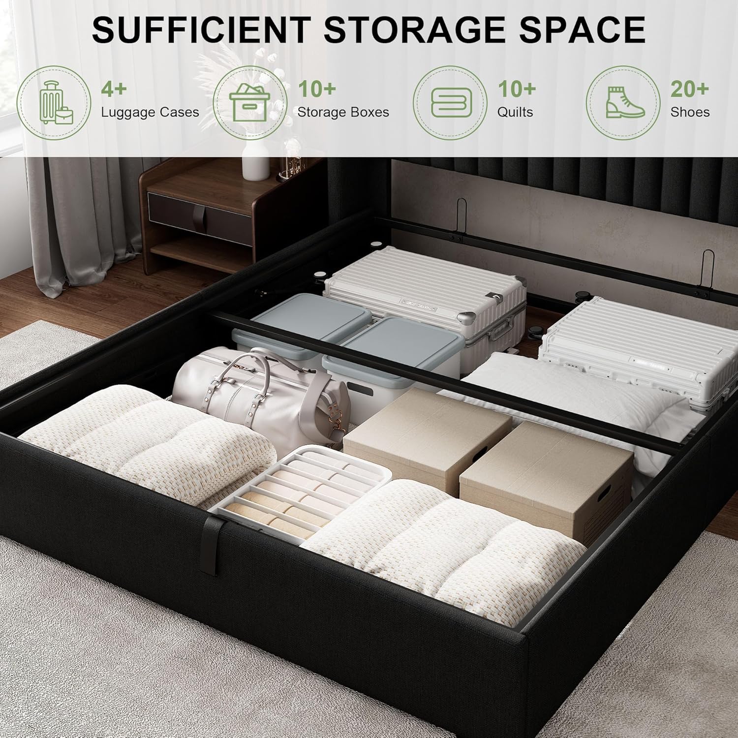 Feonase Queen Size Lift Up Storage Bed Frame, Linen Upholstered Platform Bed with Wingback Headboard, Hydraulic Storage, No Box Spring Needed, Black