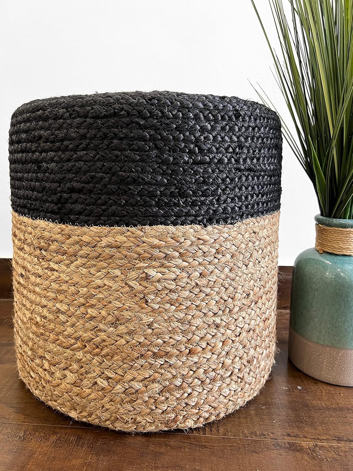 S & L Homes Pouf Ottoman - 100% Jute Braided Footrest Pouf Hand Knitted Traditional Cord Boho Pouffe for Living Room, Bedroom, Nursery, Patio, Lounge Colorblock - Natural Ivory (18”x18”x12”)