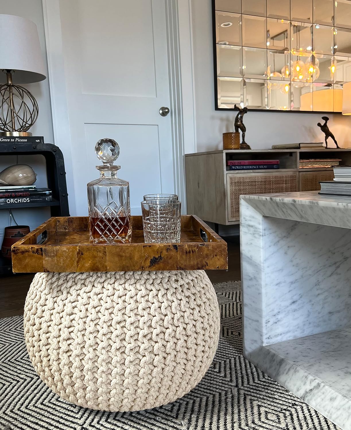 FRELISH DECOR Round Pouf Ottoman Hand Knitted 100% Cotton Pouf Foot Stool - Knitted Bean Bag - Floor Chair for Living Room Bedroom - Foot Rest for Couch (20 Diameter x 14 Height) - Natural