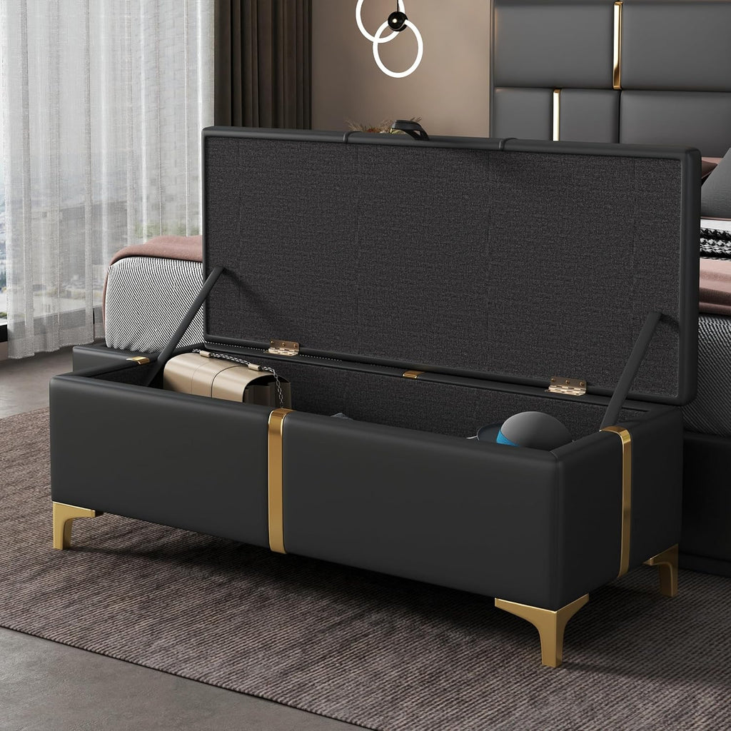 Elegant Black Upholstered Storage Ottoman Bench with Metal Legs, Fully Assembled PU Leather Seat for Living Room & Bedroom Organization
