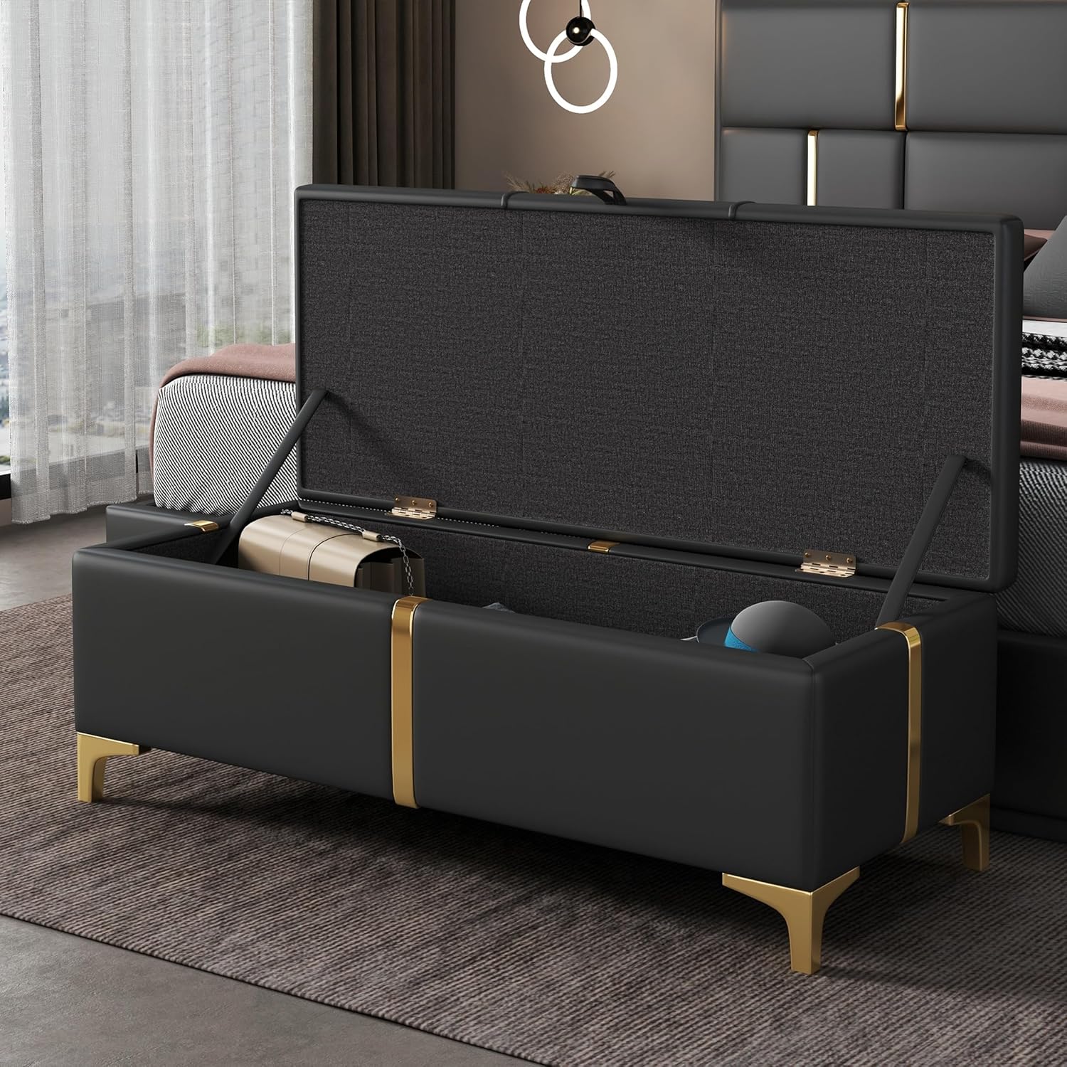 Elegant Black Upholstered Storage Ottoman Bench with Metal Legs, Fully Assembled PU Leather Seat for Living Room & Bedroom Organization