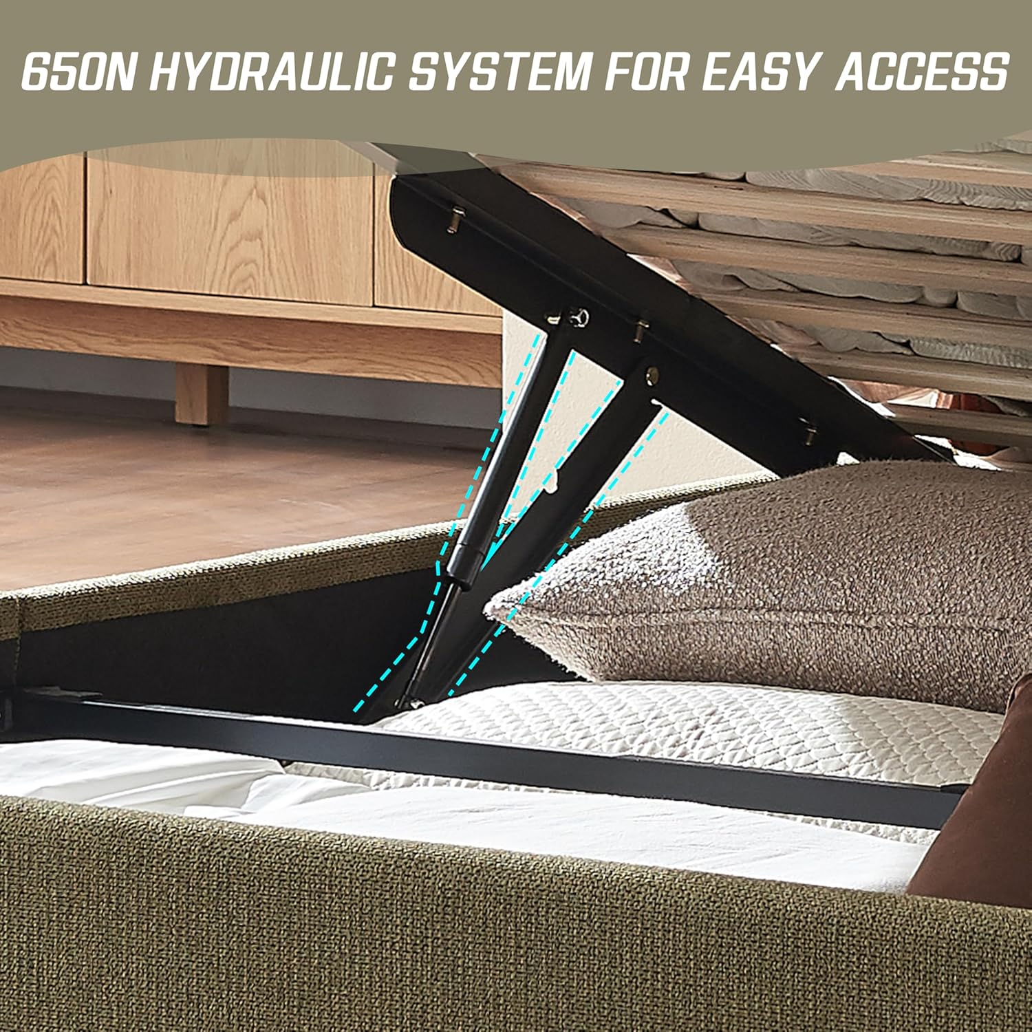 Lift Up Storage Bed Queen Size, Upholstered Platform Bed with Hydraulic System & Wood Slats Support, Queen Bed Frame with 3-Panel Headboard, No Box Spring Needed, Easy Assembly, Green