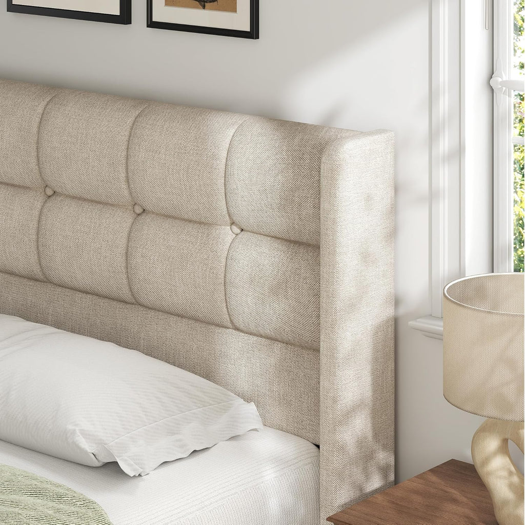 Lifezone King Size Lift Up Storage Bed Frame, Linen Upholstered King Platform with Button Tufted Wingback Headboard and Under-Bed Storage, Hydraulic Support, No Box Spring Needed, Noise Free, Beige