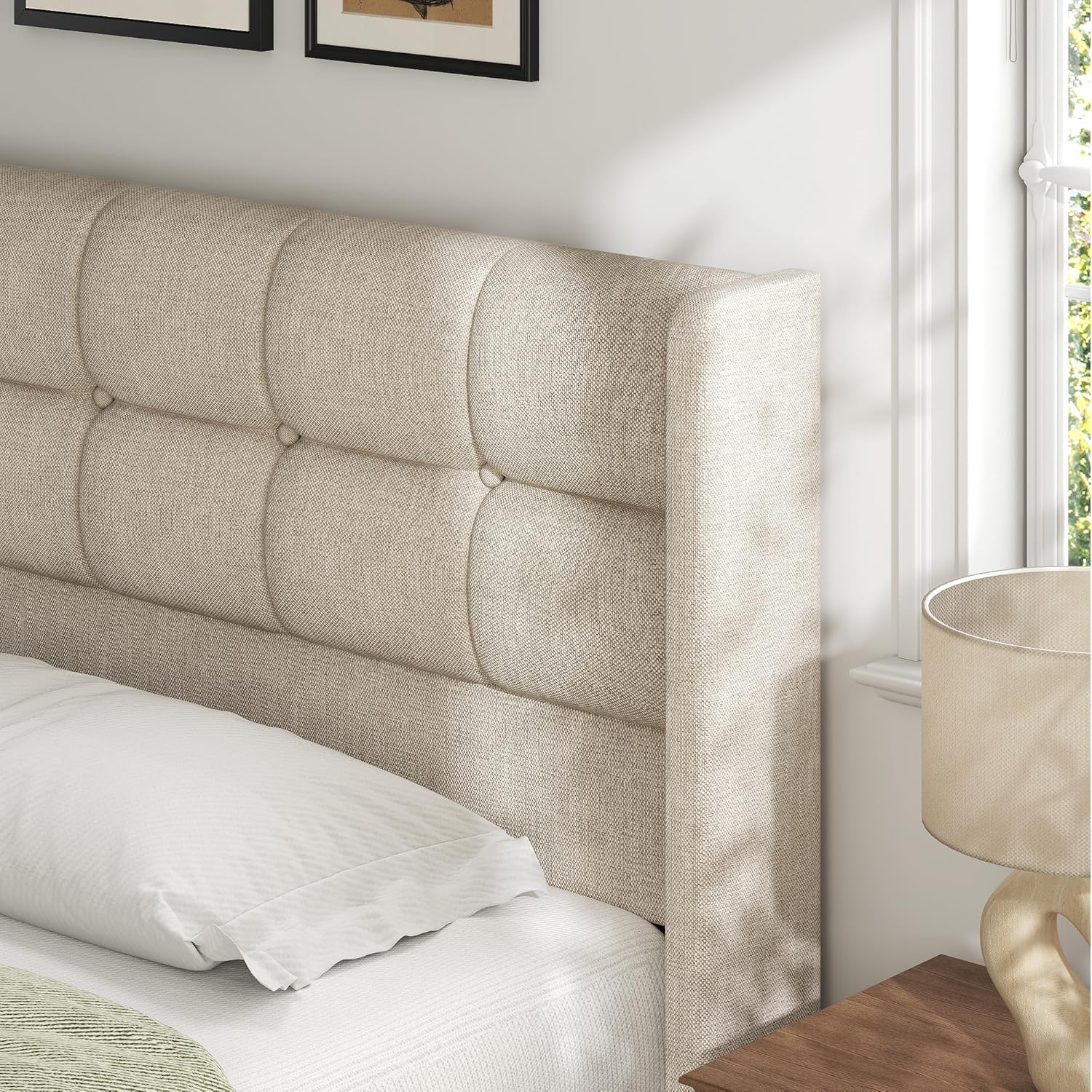Lifezone King Size Lift Up Storage Bed Frame, Linen Upholstered King Platform with Button Tufted Wingback Headboard and Under-Bed Storage, Hydraulic Support, No Box Spring Needed, Noise Free, Beige