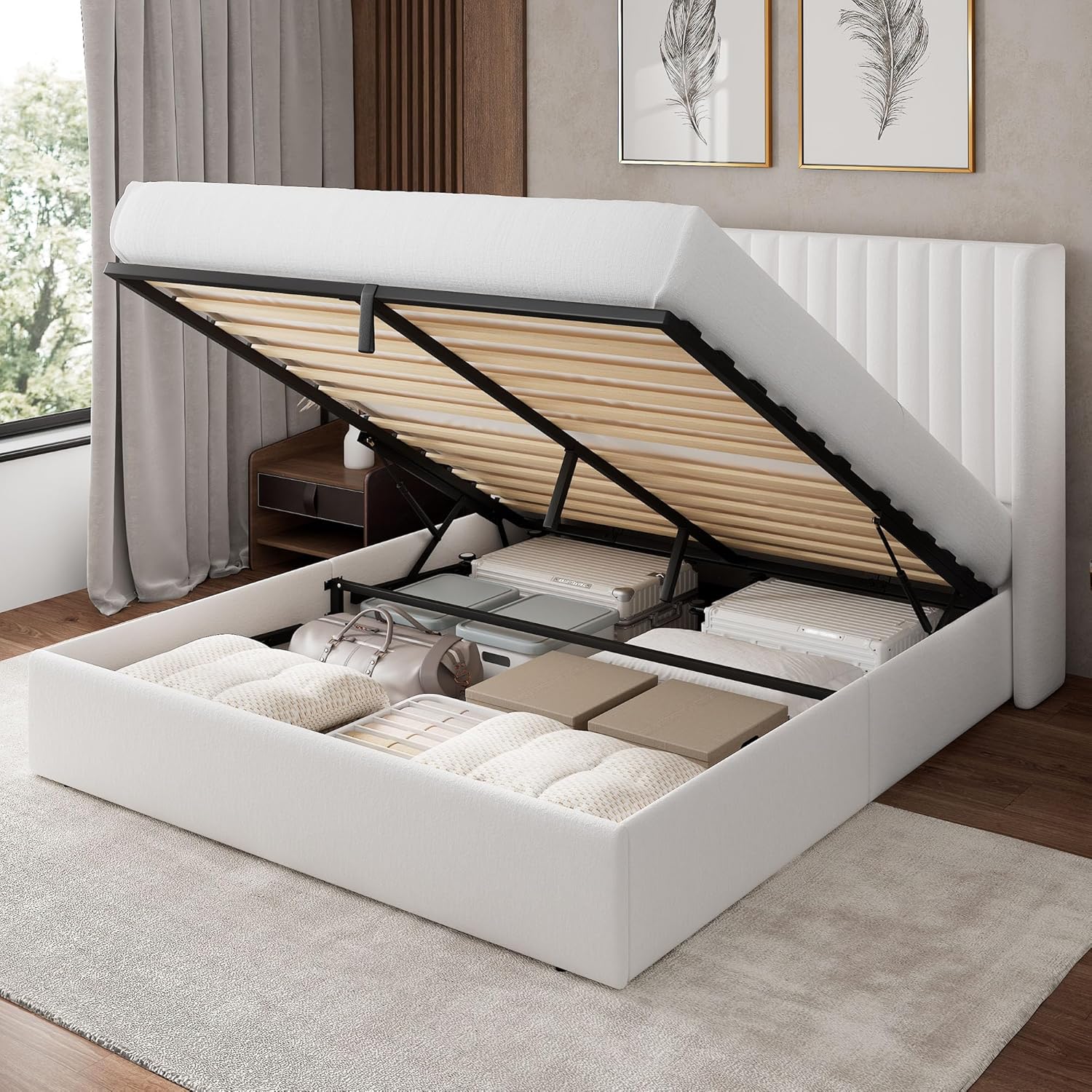 Feonase Queen Size Lift Up Storage Bed Frame, Linen Upholstered Platform Bed with Wingback Headboard, Hydraulic Storage, No Box Spring Needed, Black