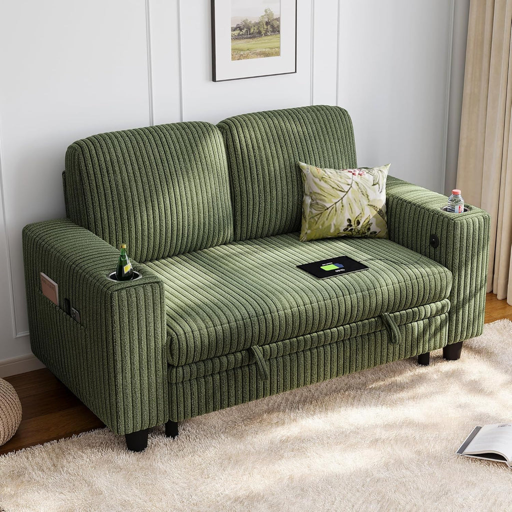 LINSY HOME Loveseat Sofa with Storage, Plush Corduroy Love Seat Couch Sectional Couches for Small Space Living Room Apartment Bedroom (Green)