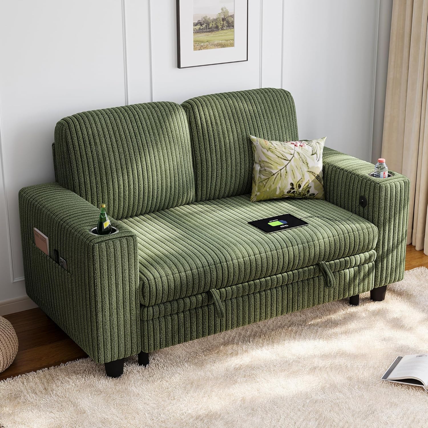 LINSY HOME Loveseat Sofa with Storage, Plush Corduroy Love Seat Couch Sectional Couches for Small Space Living Room Apartment Bedroom (Green)